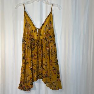 Floral Mustard Yellow Spaghetti Strap Sleeveless Tunic Top